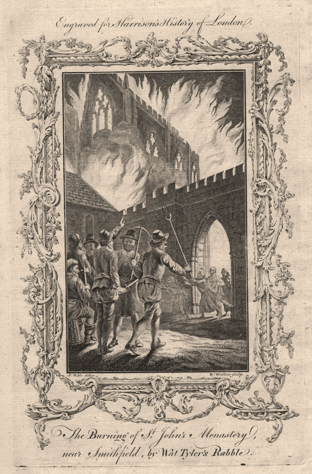 Wat Tyler's rebels burning St John's Monastery, Smithfield. Peasants revolt 1776